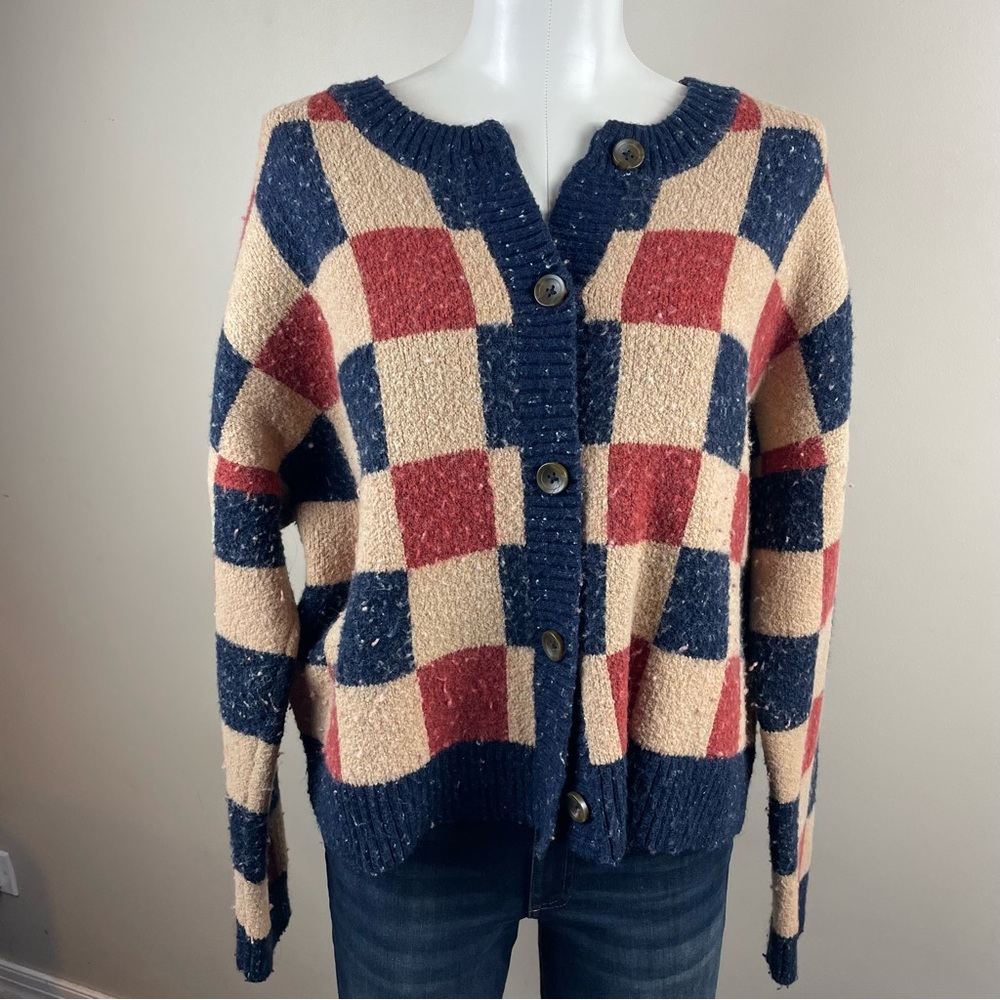 Madewell Red and Blue Checkered Cardigan size large funky 80s eclectic grandpa